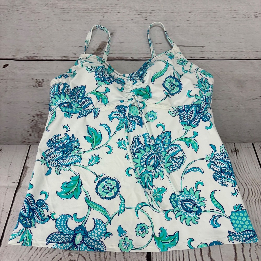 Lands End Womens Blue White Floral Paisley Tankini Swim Top Size 10 Adjustable